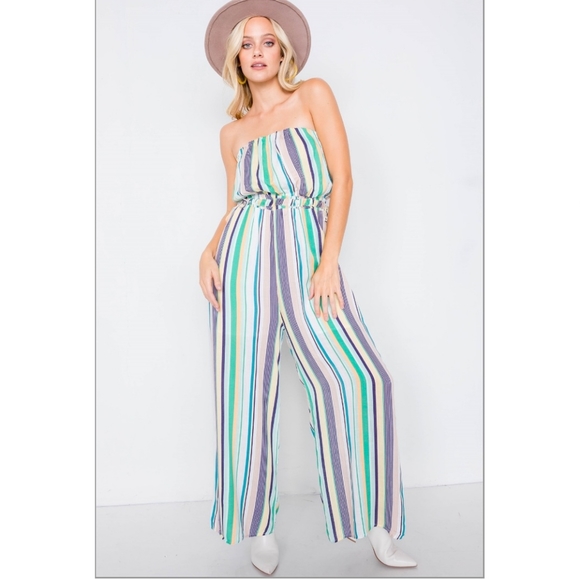 Anthro Le Lis Striped Strapless Wide Leg Jumpsuit - Picture 2 of 8
